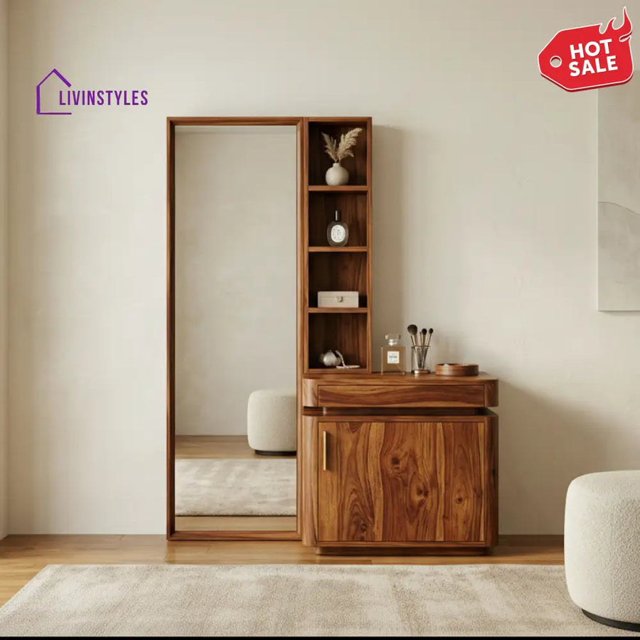 Ella Sheesham Wood Dressing Table with Mirror and Storage (Honey Finish)