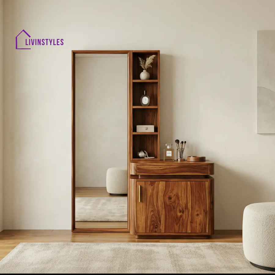 Ella Sheesham Wood Dressing Table with Mirror and Storage (Honey Finish)