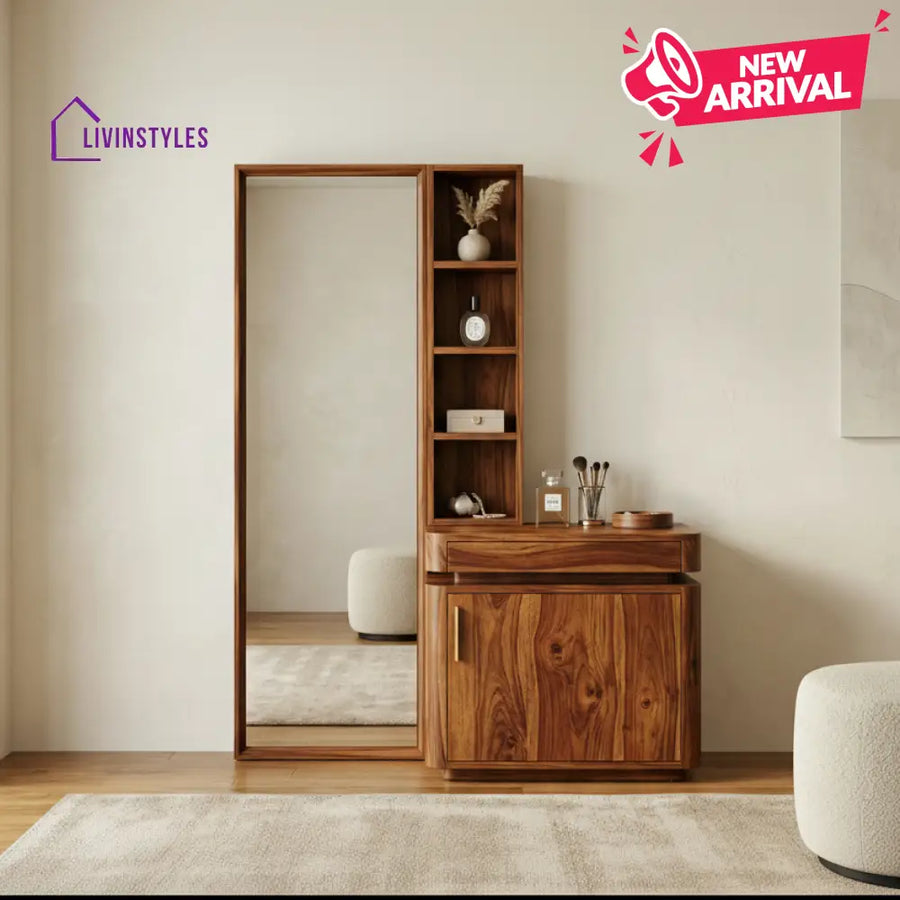 Ella Sheesham Wood Dressing Table with Mirror and Storage (Honey Finish)