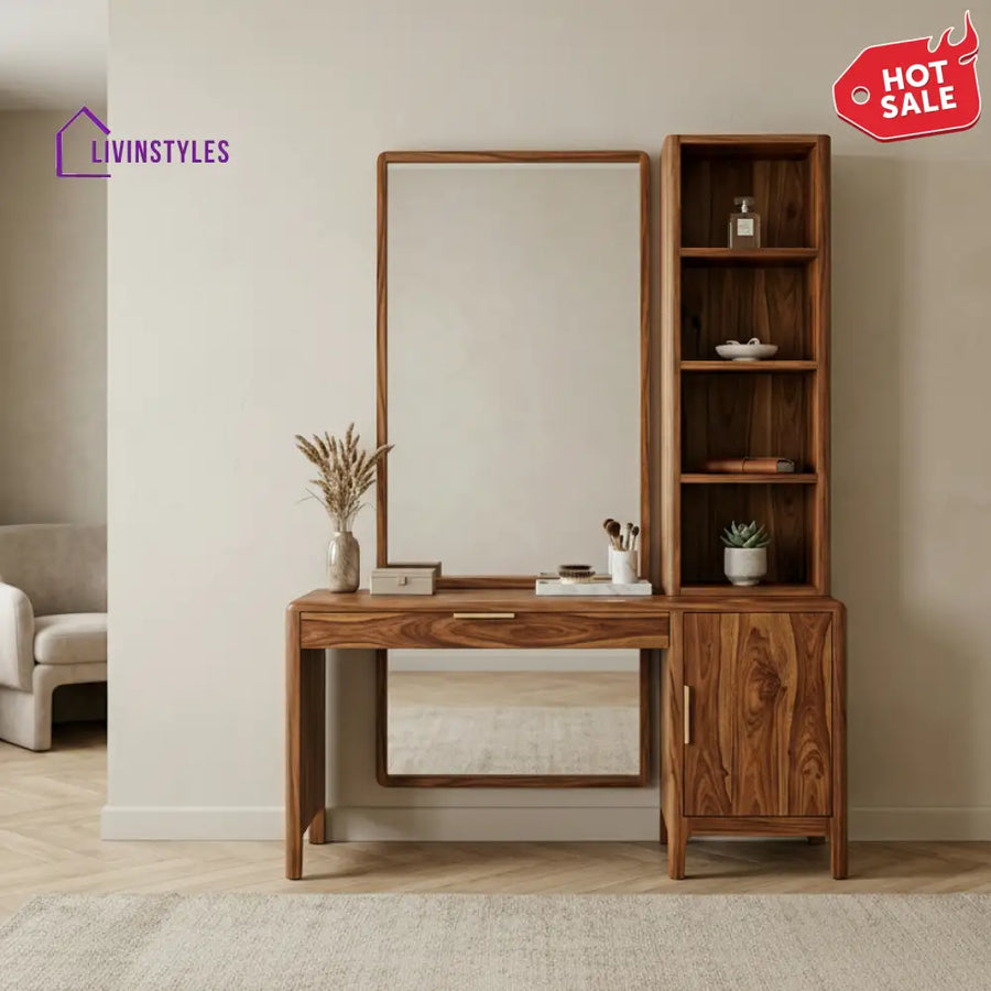 Ellie Sheesham Wood Dressing Table with Mirror and Storage (Honey Finish)