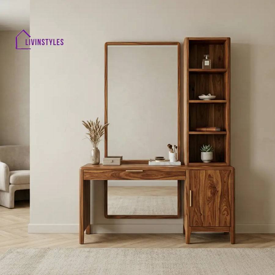 Ellie Sheesham Wood Dressing Table with Mirror and Storage (Honey Finish)
