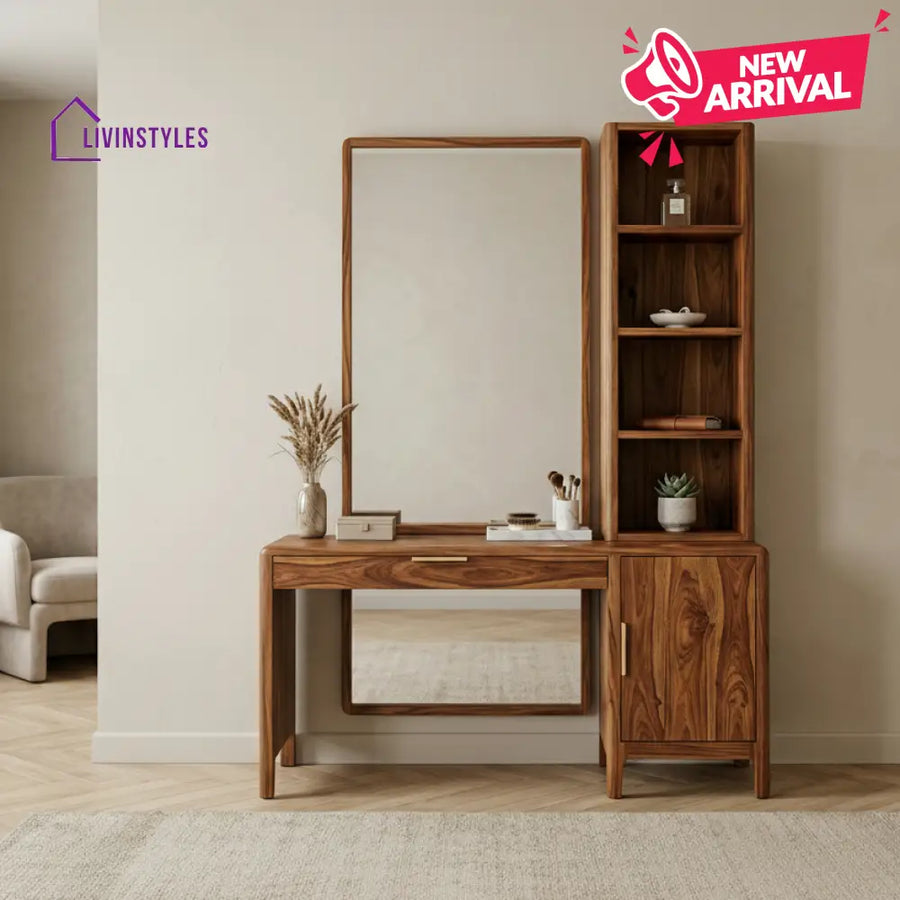 Ellie Sheesham Wood Dressing Table with Mirror and Storage (Honey Finish)