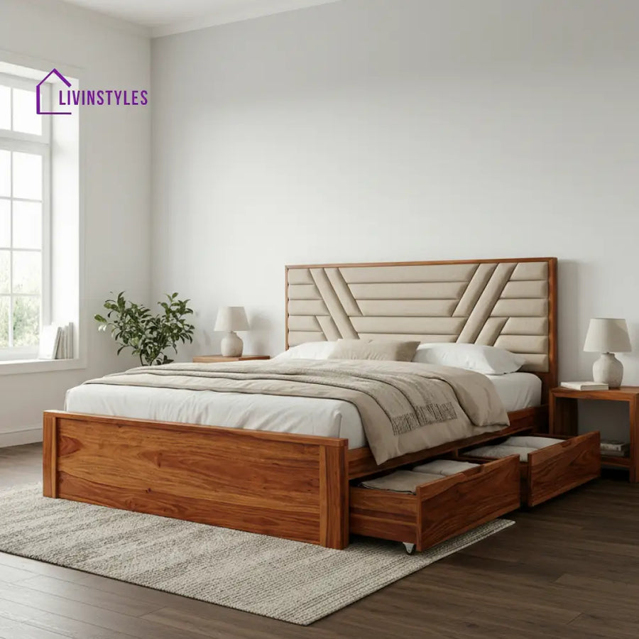 Elliot Premium Sheesham Wood Bed with Fabric Headboard