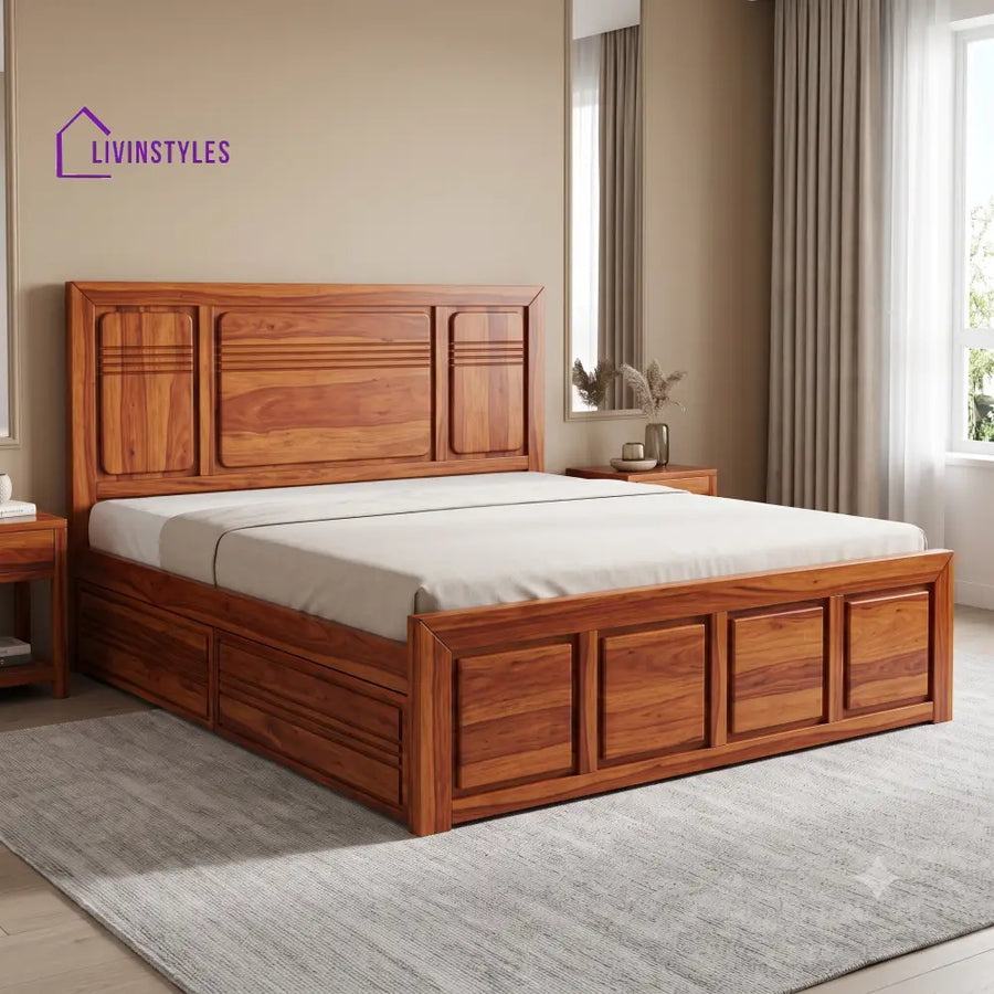 Elodie Premium Wooden Bed with Drawer Storage | King Size Bed & Queen Size Bed Online
