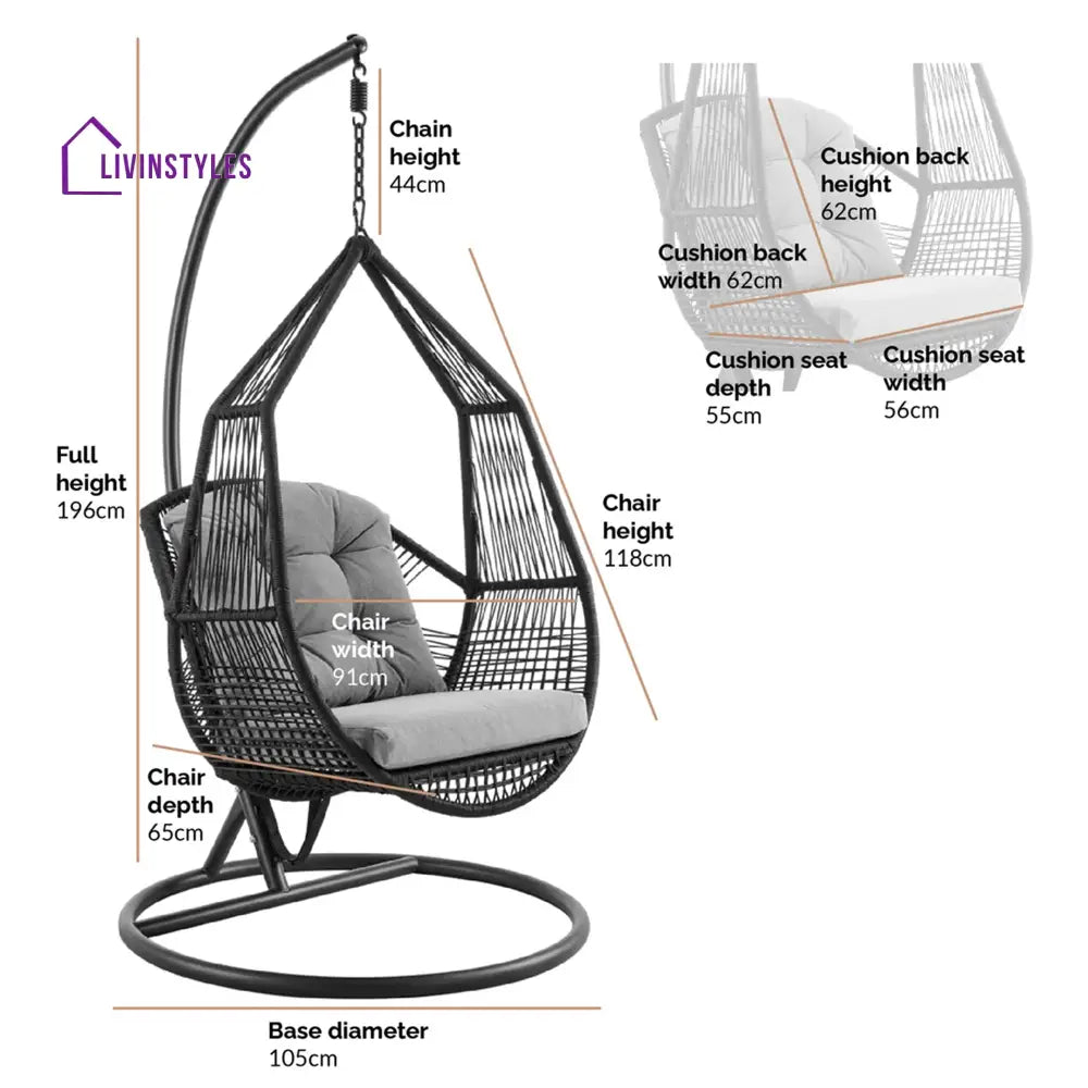 Eloisa Single Seater Hanging Swing With Stand For Balcony Garden (Black) Braided & Rope (Copy) - Swings