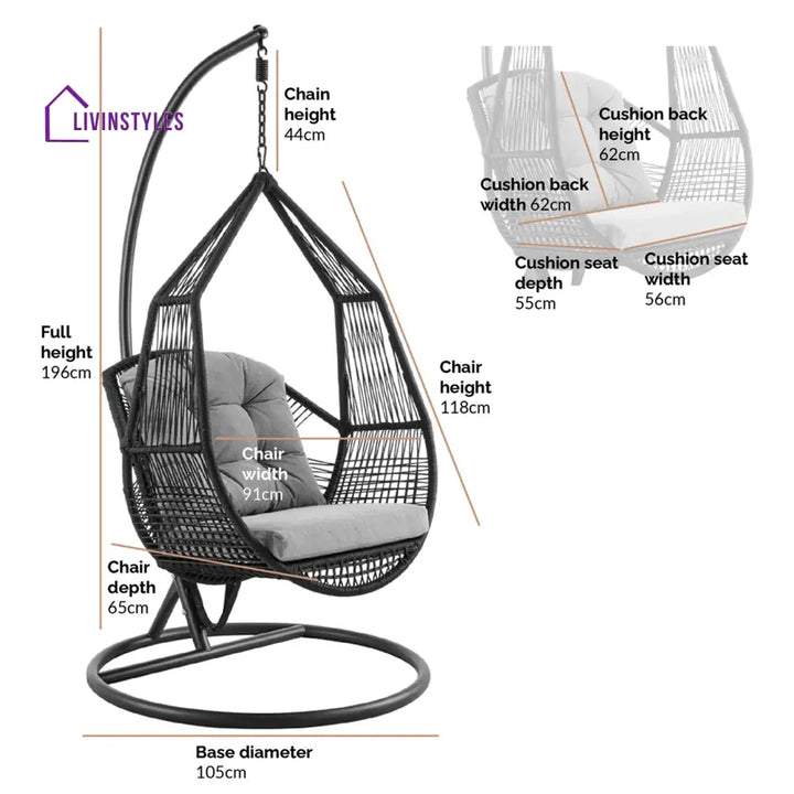 Eloisa Single Seater Hanging Swing With Stand For Balcony Garden (Black) Braided & Rope (Copy) - Swings