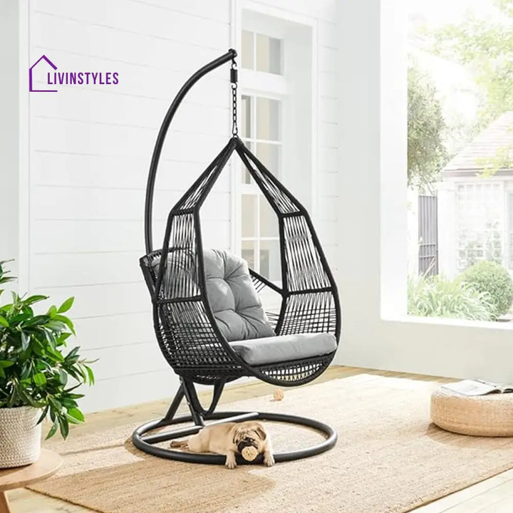 Eloisa Single Seater Hanging Swing With Stand For Balcony Garden (Black) Braided & Rope (Copy) - Swings