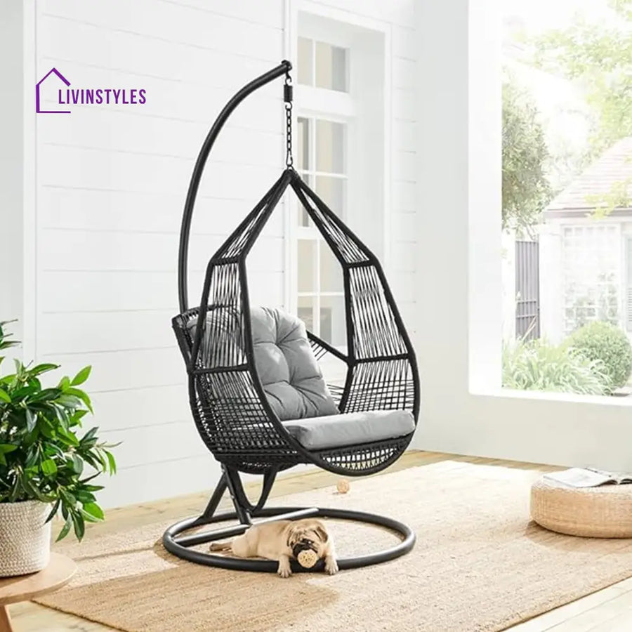 Eloisa Single Seater Hanging Swing With Stand For Balcony Garden (Black) Braided & Rope (Copy) - Swings