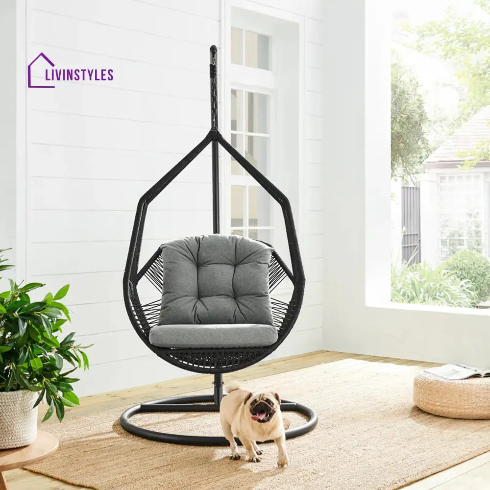 Eloisa Single Seater Hanging Swing With Stand For Balcony Garden (Black) Braided & Rope (Copy) - Swings