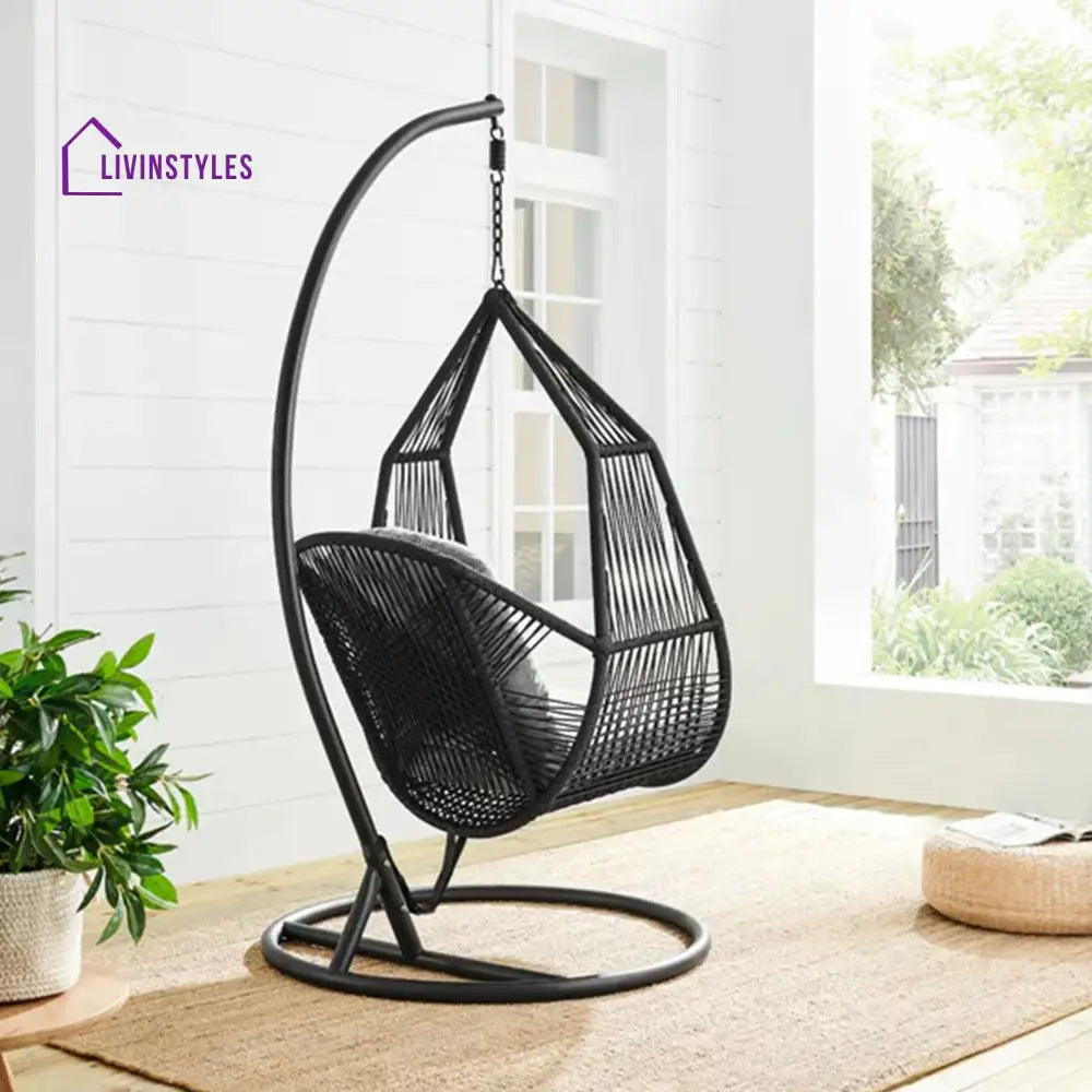 Eloisa Single Seater Hanging Swing With Stand For Balcony Garden (Black) Braided & Rope (Copy) - Swings