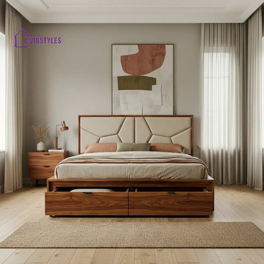 Elsie Premium Sheesham Wood Bed with Fabric Headboard