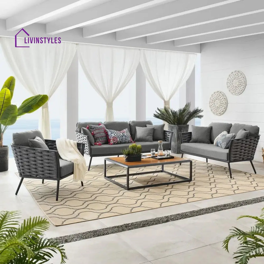 Elvira 4 Piece Outdoor Rope Sofa Set with Wooden Top Table - Sofa Set
