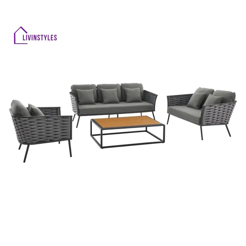 Elvira 4 Piece Outdoor Rope Sofa Set with Wooden Top Table - Sofa Set