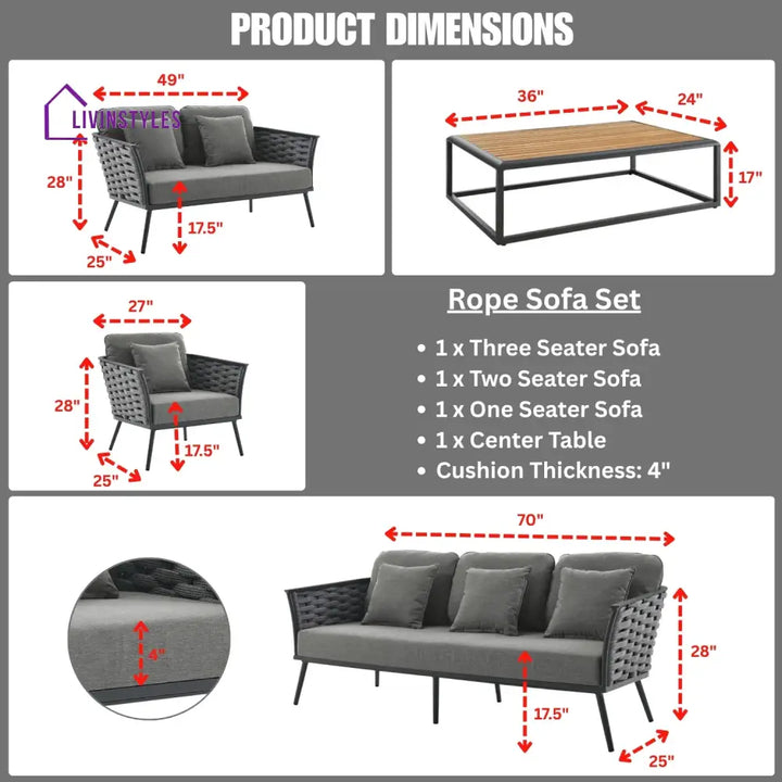 Elvira 4 Piece Outdoor Rope Sofa Set with Wooden Top Table - Sofa Set