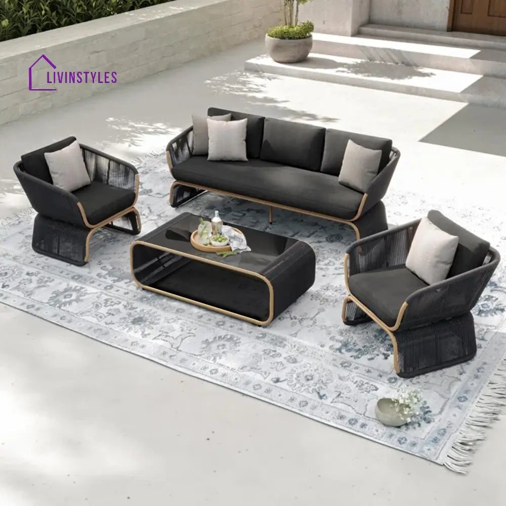 Emidio Outdoor Sofa Set 3 Seater 2 Single seater and 1 Center Table Braided & Rope - Black - Sofa Sets