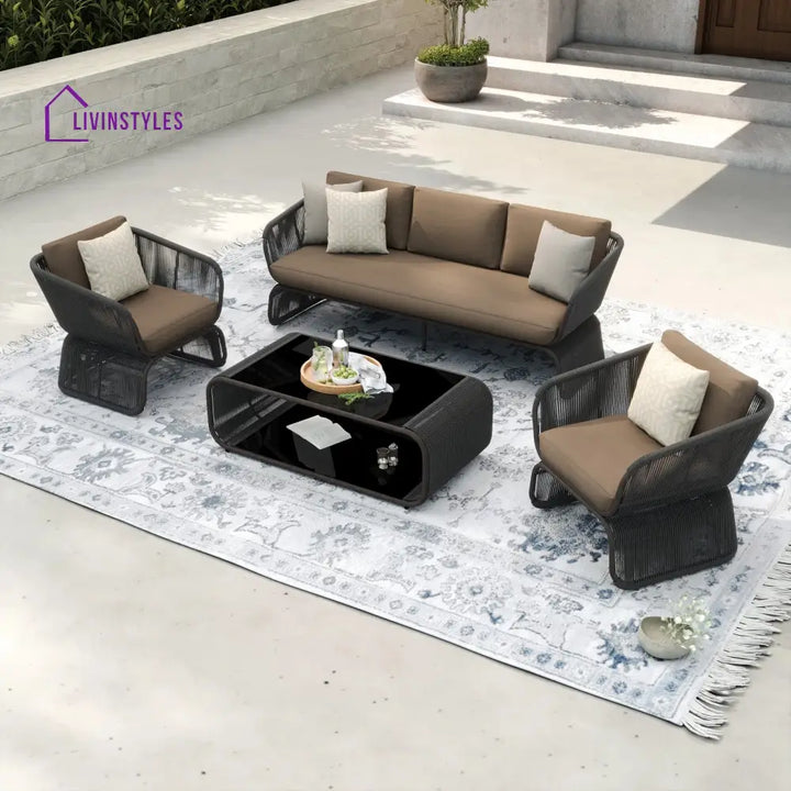Emidio Outdoor Sofa Set 3 Seater 2 Single seater and 1 Center Table Braided & Rope - Brown - Sofa Sets
