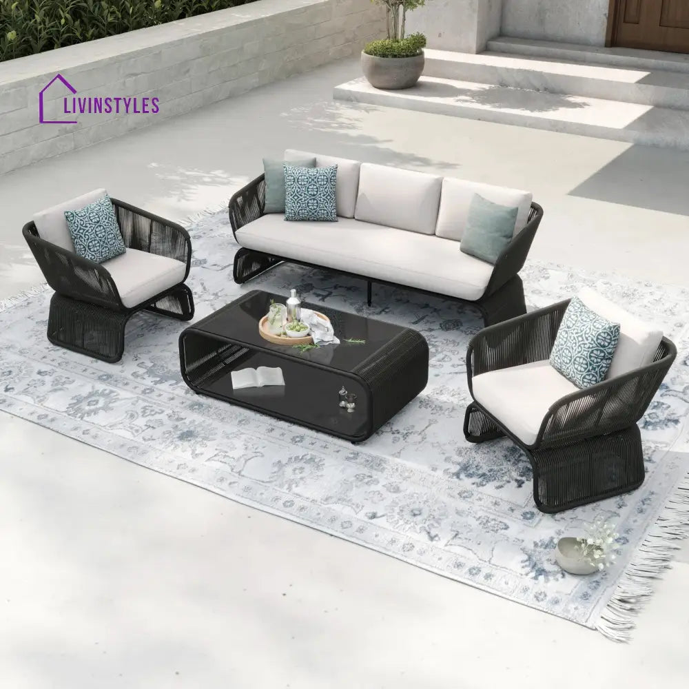 Emidio Outdoor Sofa Set 3 Seater 2 Single seater and 1 Center Table Braided & Rope - Off White - Sofa Sets