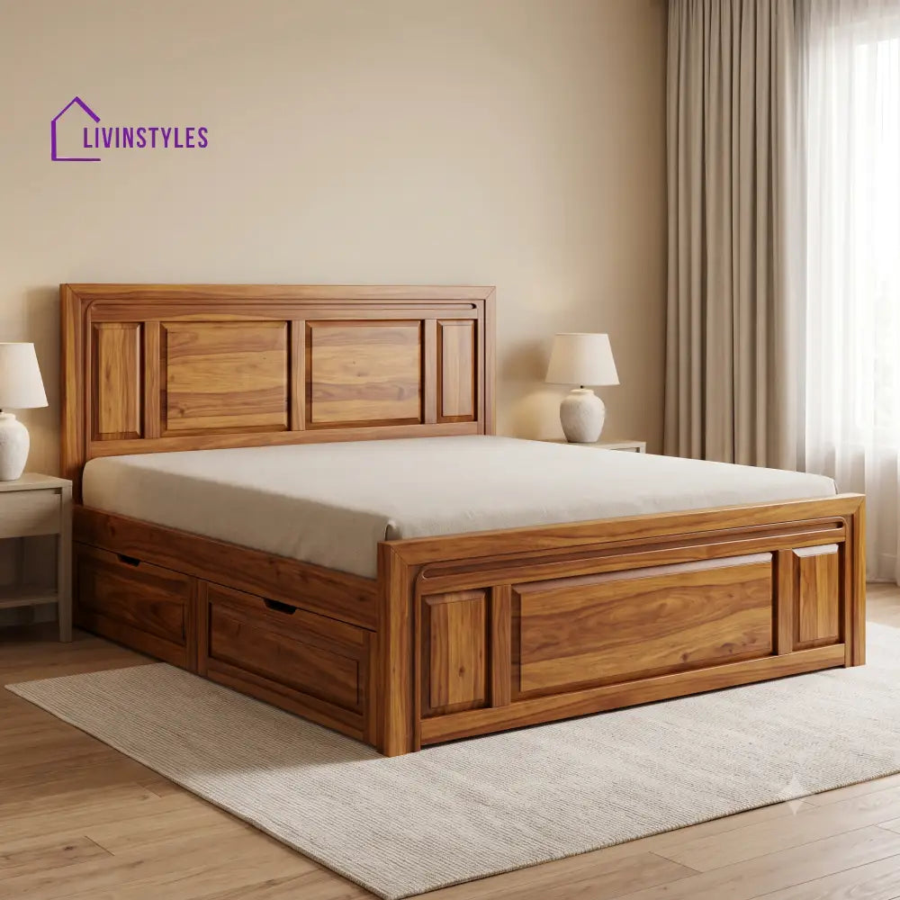 Emile Premium Wooden Bed with Drawer Storage | King Size Bed & Queen Size Bed Online