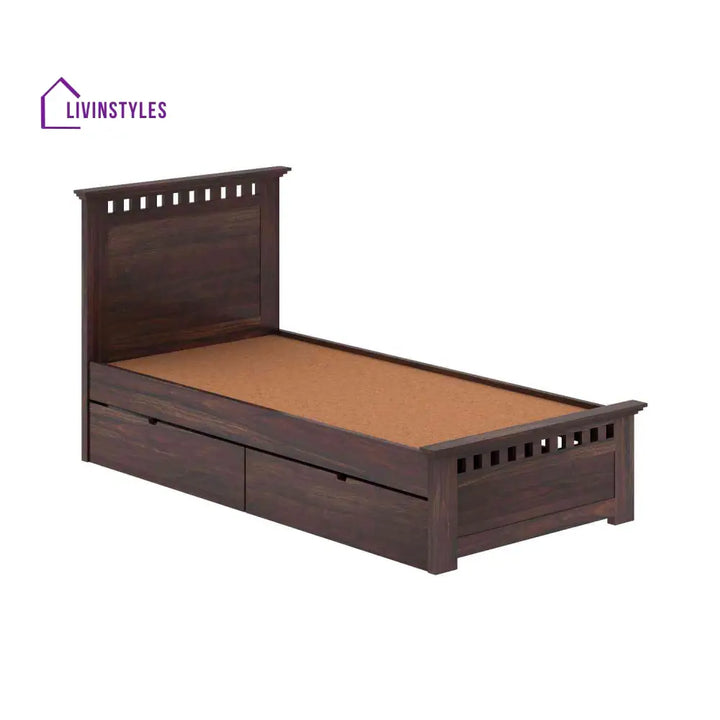 Emilia Solid Sheesham Wood Single Bed With Two Drawers (Walnut Finish) Bed