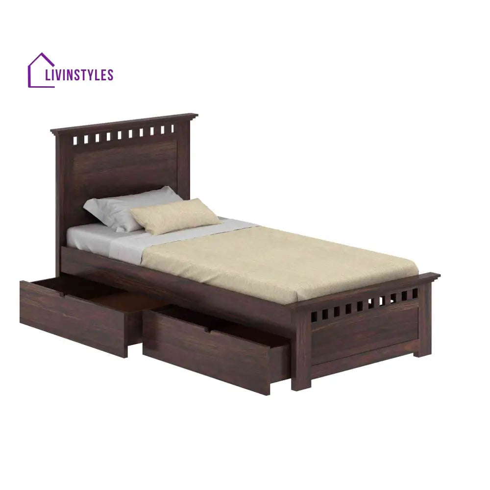 Emilia Solid Sheesham Wood Single Bed With Two Drawers (Walnut Finish) Bed