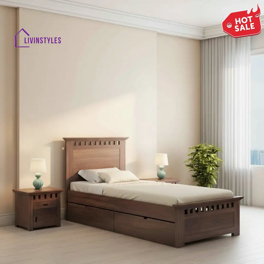 Emilia Solid Sheesham Wood Single Bed With Two Drawers (Walnut Finish) Bed