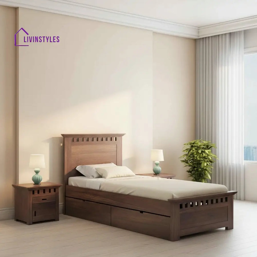 Emilia Solid Sheesham Wood Single Bed With Two Drawers (Walnut Finish) Bed
