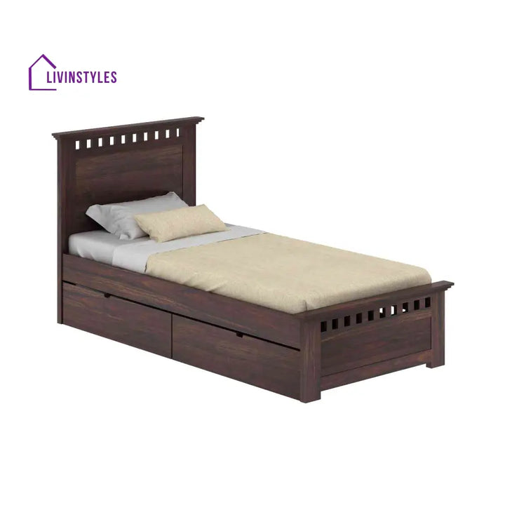 Emilia Solid Sheesham Wood Single Bed With Two Drawers (Walnut Finish) Bed