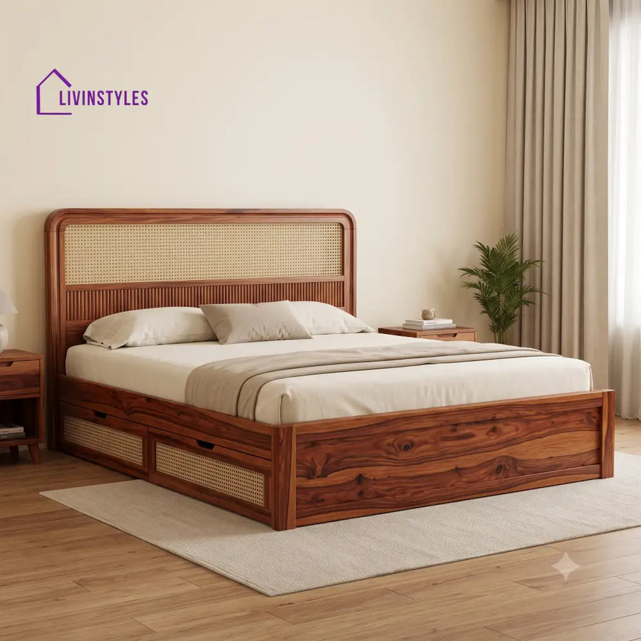 Emilie Premium Wooden Bed with Drawer Storage | King Size Bed & Queen Size Bed Online
