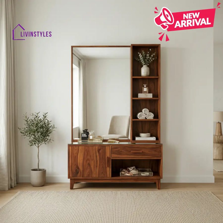 Emily Sheesham Wood Dressing Table with Mirror and Storage (Honey Finish)