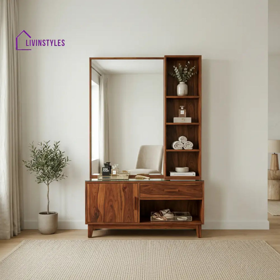 Emily Sheesham Wood Dressing Table with Mirror and Storage (Honey Finish)