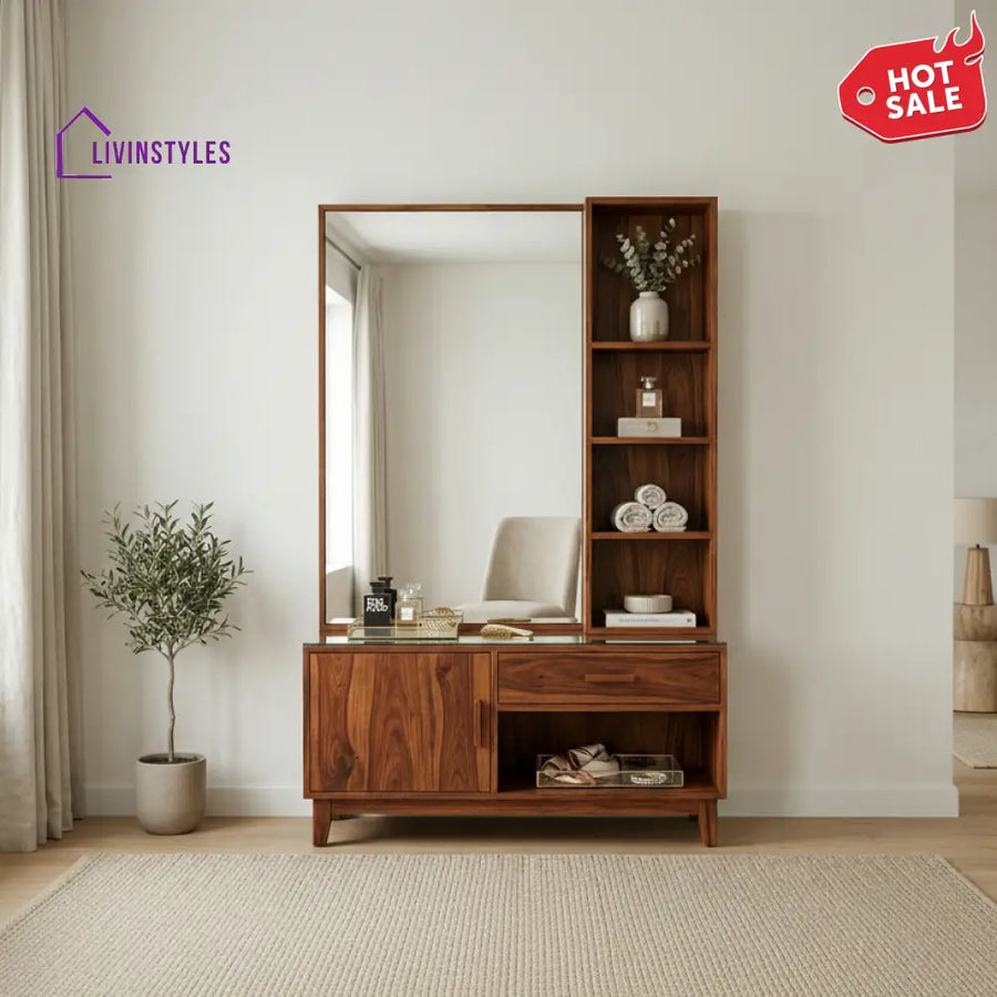 Emily Sheesham Wood Dressing Table with Mirror and Storage (Honey Finish)