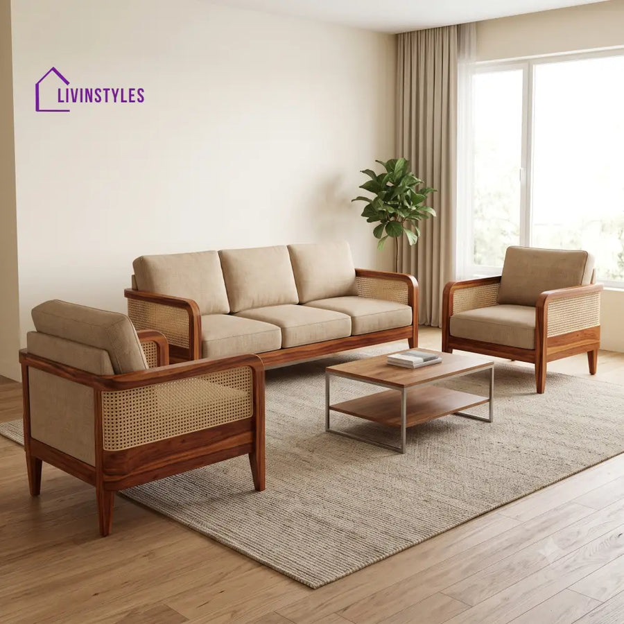 Emma Premium Wooden Sofa Set for Living Room | 3 + 1 + 1 Seater Sheesham Wood Sofa Set
