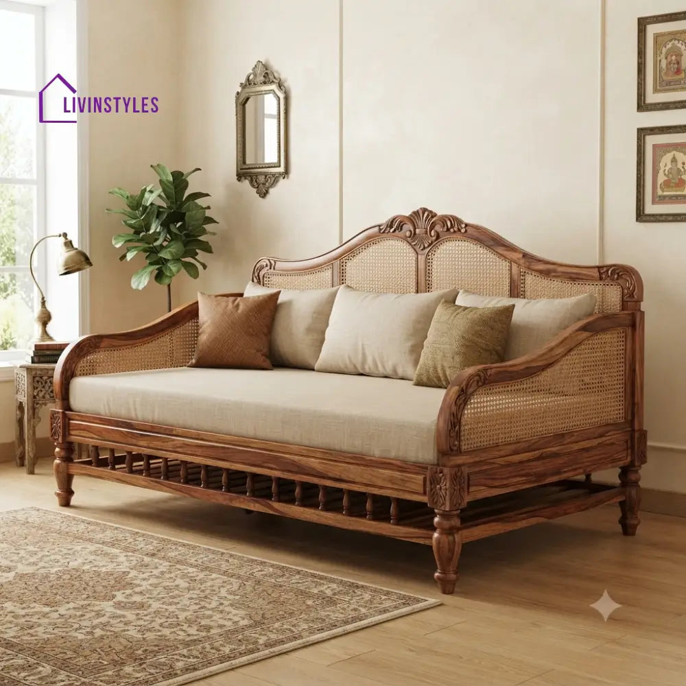 Emma Wooden Divan Bed for Living Room | Solid Sheesham Wood