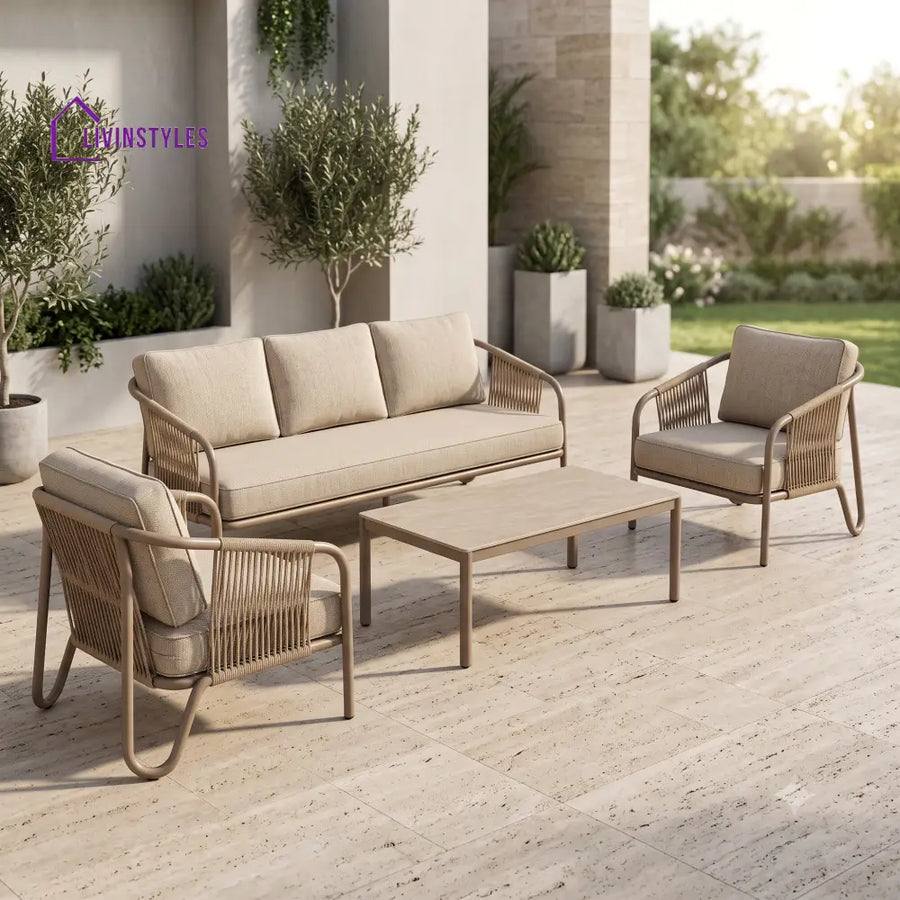 Emmanuelle Metal Frame and Rope Weaving Outdoor Sofa Set 3 + 1 +1 and Coffee Table | Premium Uphostery