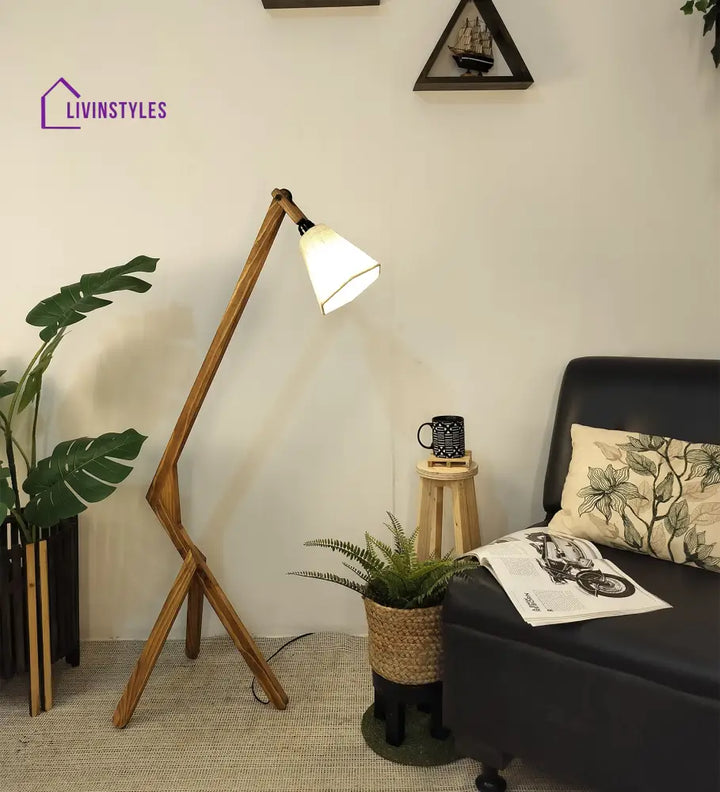 Emphasis Wooden Floor Lamp With Brown Base And Beige Fabric Lampshade Lamps