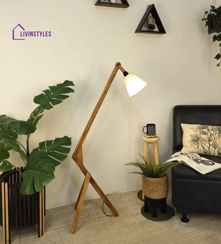 Emphasis Wooden Floor Lamp With Brown Base And Beige Fabric Lampshade Lamps