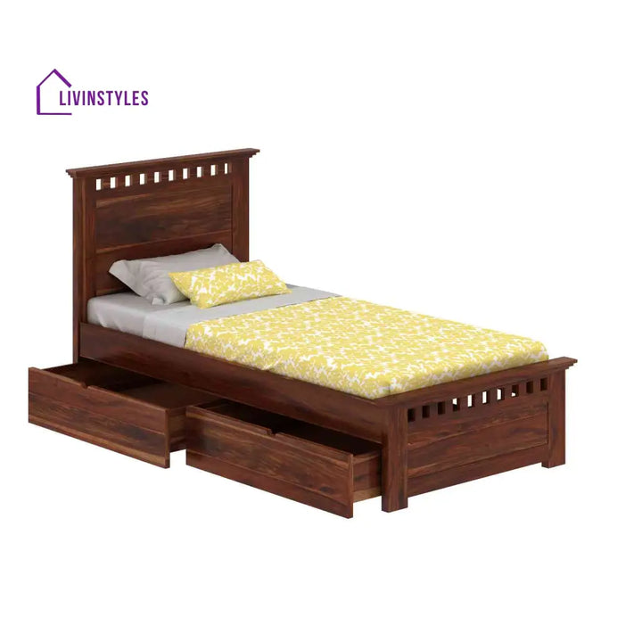 Encarna Solid Sheesham Wood Single Bed With Two Drawers (Natural Finish) Bed