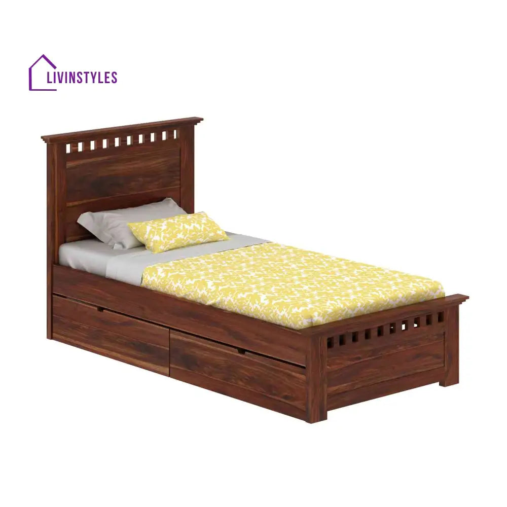 Encarna Solid Sheesham Wood Single Bed With Two Drawers (Natural Finish) Bed