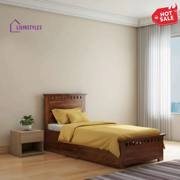 Encarna Solid Sheesham Wood Single Bed With Two Drawers (Natural Finish) Bed