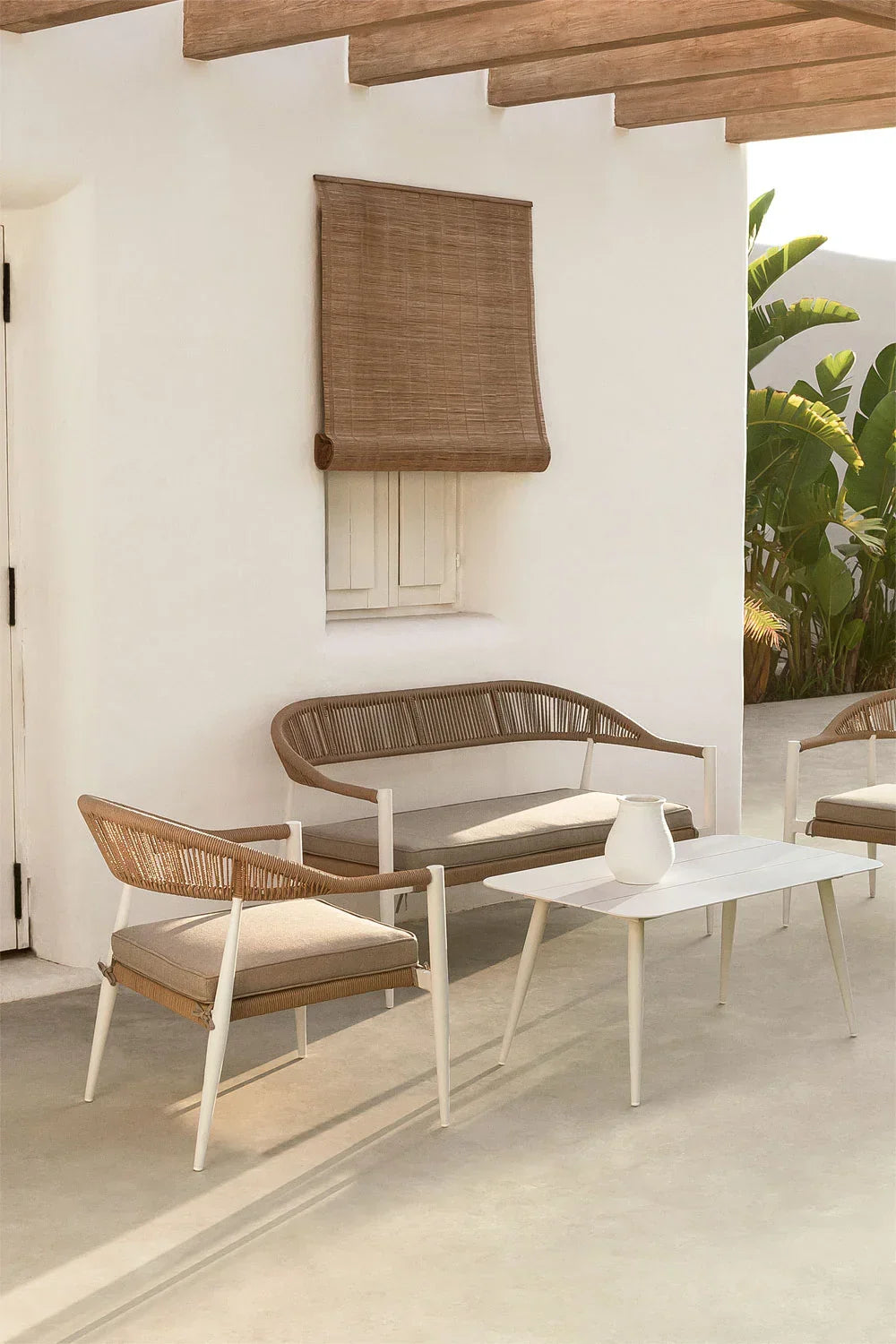 Marianela Outdoor Sofa Set 2 Seater, 2 Single seater and 1 Center Table Set (White+Brown) Braided & Rope