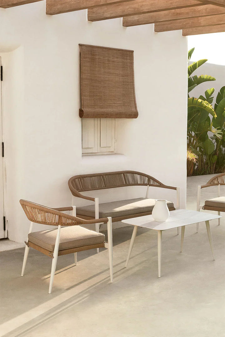 Marianela Outdoor Sofa Set 2 Seater, 2 Single seater and 1 Center Table Set (White+Brown) Braided & Rope