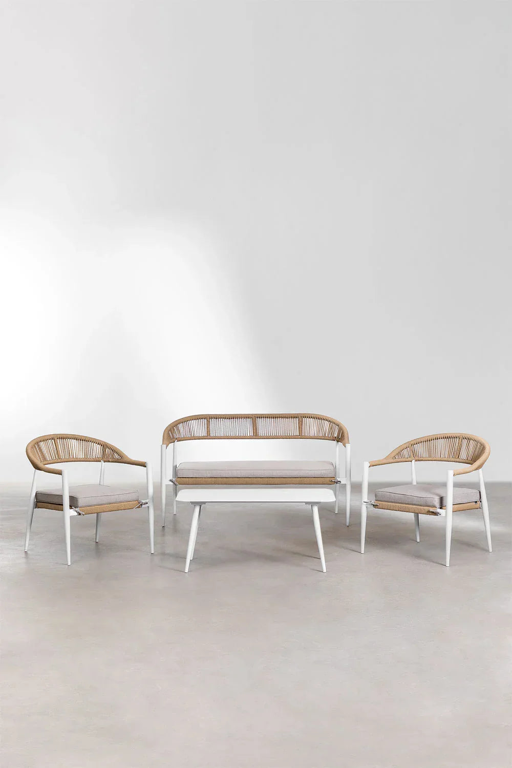 Marianela Outdoor Sofa Set 2 Seater, 2 Single seater and 1 Center Table Set (White+Brown) Braided & Rope