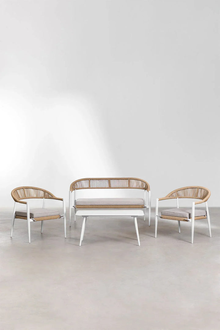 Marianela Outdoor Sofa Set 2 Seater, 2 Single seater and 1 Center Table Set (White+Brown) Braided & Rope