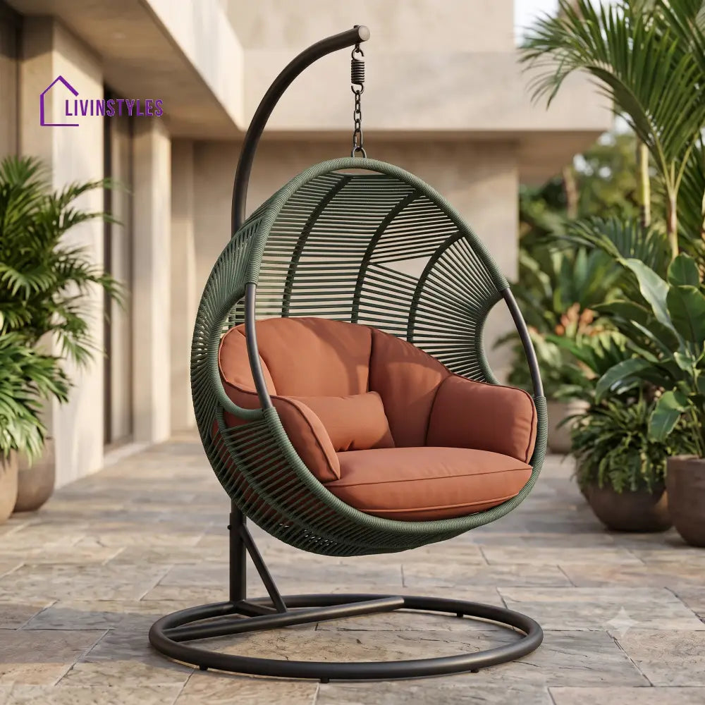 Enguerrand Metal Frame Swing Chair With Stand And Rope Woven Seat