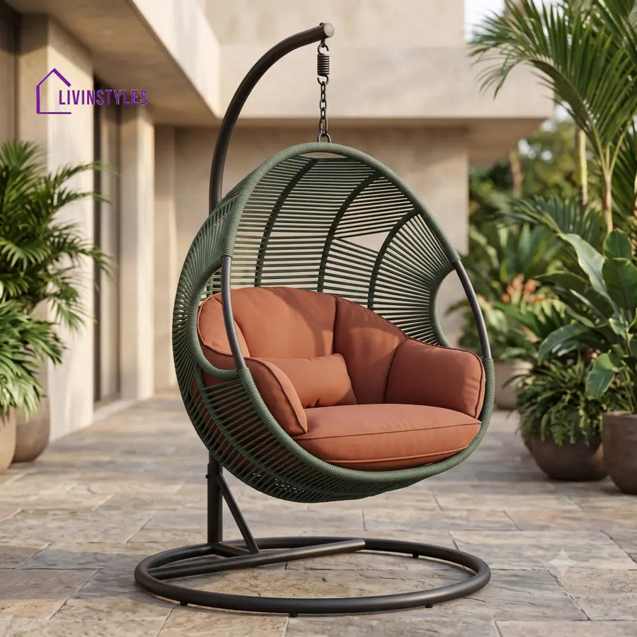 Enguerrand Metal Frame Swing Chair With Stand And Rope Woven Seat