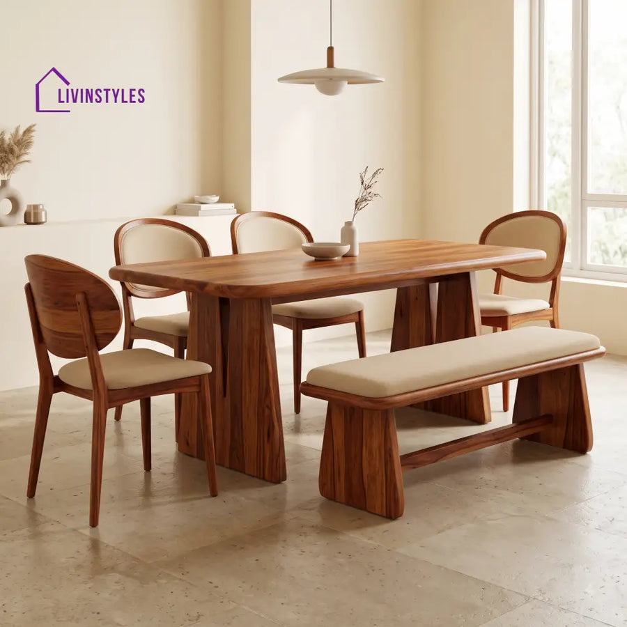 Eniola Wooden 6 Seater Dining Table Set | 4 Chairs and 1 Bench | Table 72 X 36 X 30 Inch