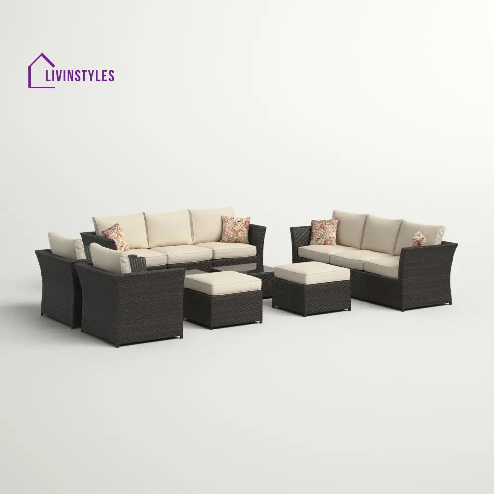 Enorson Outdoor Garden Balcony Sofa Set 2 Three Seater 2 Single Seater With 2 Ottoman and 2 Center Table Set (Brown)