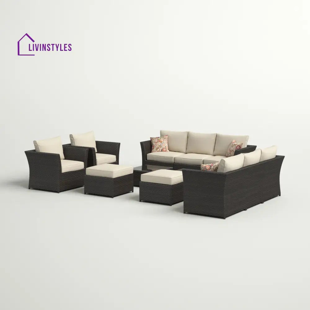 Enorson Outdoor Garden Balcony Sofa Set 2 Three Seater 2 Single Seater With 2 Ottoman and 2 Center Table Set (Brown)