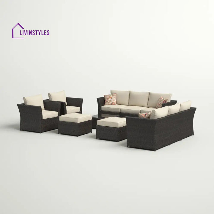 Enorson Outdoor Garden Balcony Sofa Set 2 Three Seater 2 Single Seater With 2 Ottoman and 2 Center Table Set (Brown)