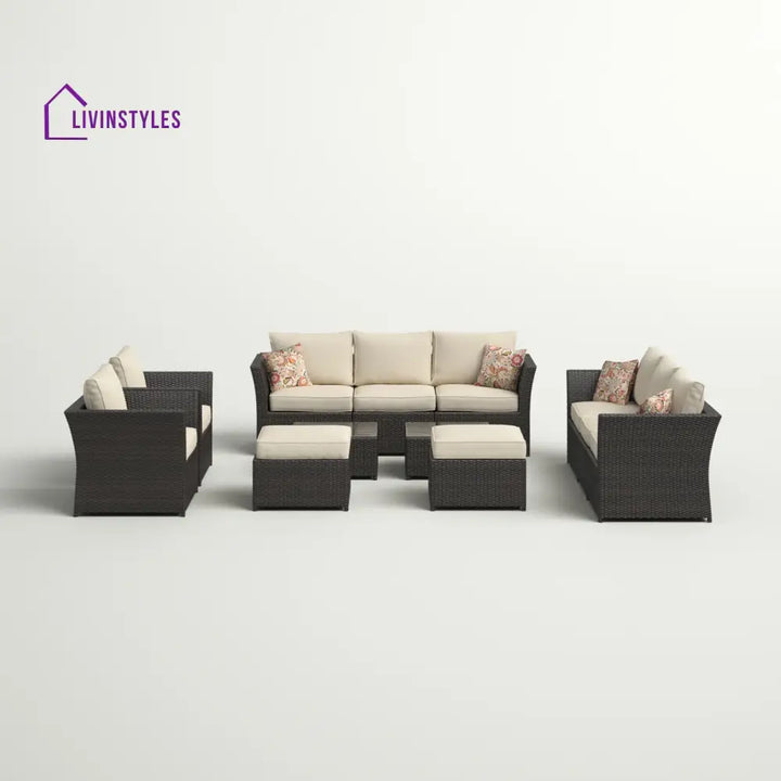 Enorson Outdoor Garden Balcony Sofa Set 2 Three Seater 2 Single Seater With 2 Ottoman and 2 Center Table Set (Brown)
